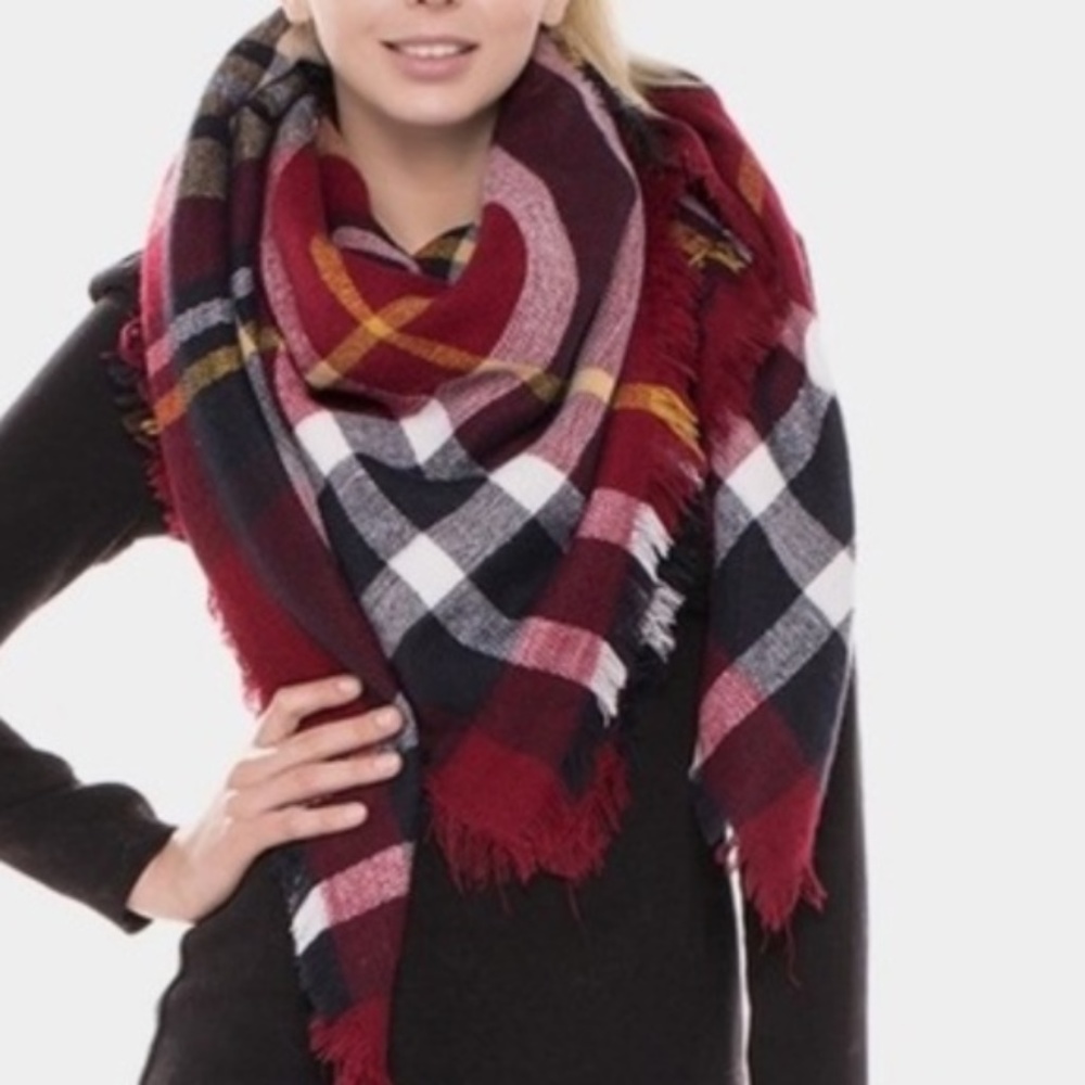 Burgundy Tartan Plaid Oversized Blanket Scarf - Picture 2 of 3